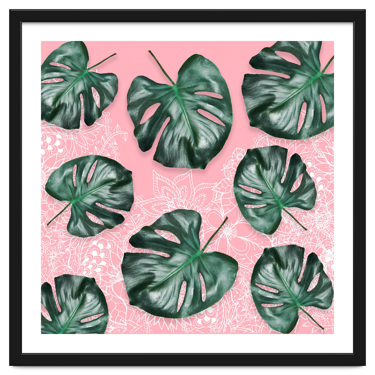 Modern 3d green tropical monstera leaf photo on blush pink white floral illustration