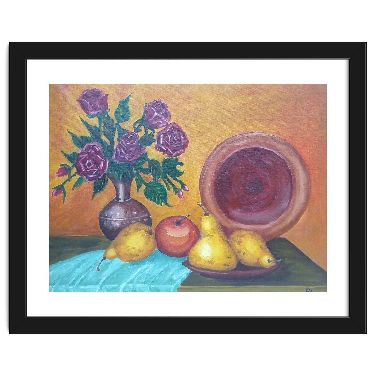 Still life with pears, roses and a dish.