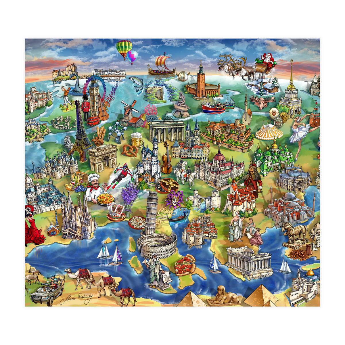 European World Wonders Illustrated Map (Print Only)