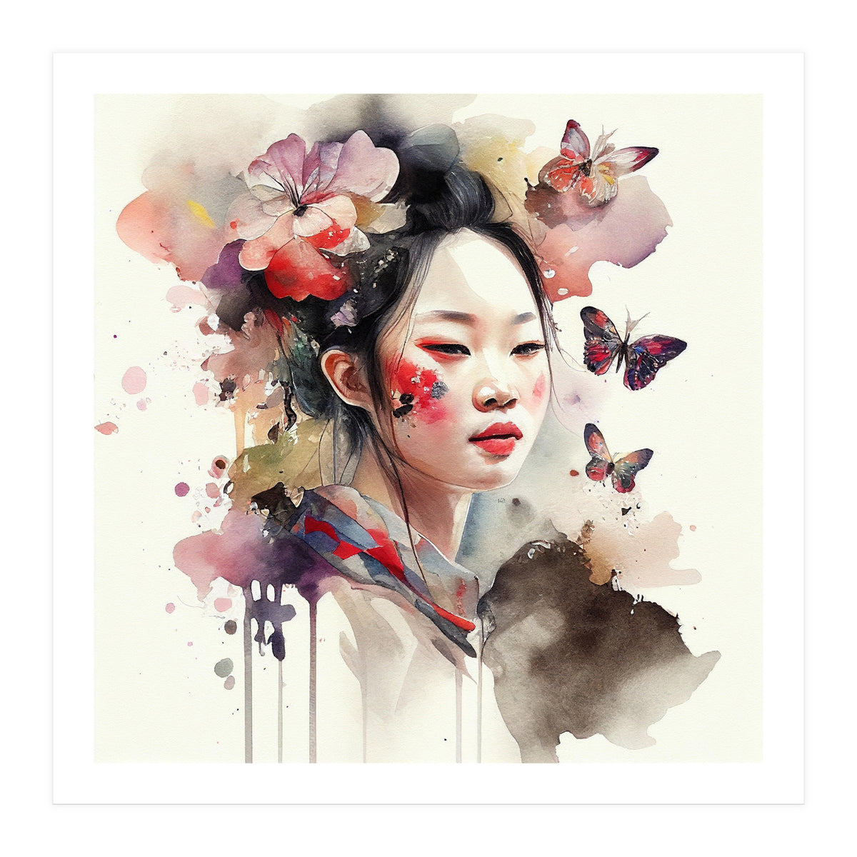 Watercolor Floral Asian Woman #2 (Print Only)
