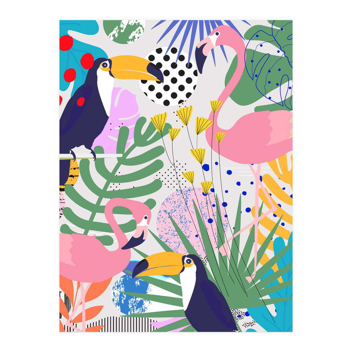 Tropical Spring | Pastel Quirky Modern Bohemian Jungle Botanical | Flamingo Palm Cockatoo Birds (Print Only)
