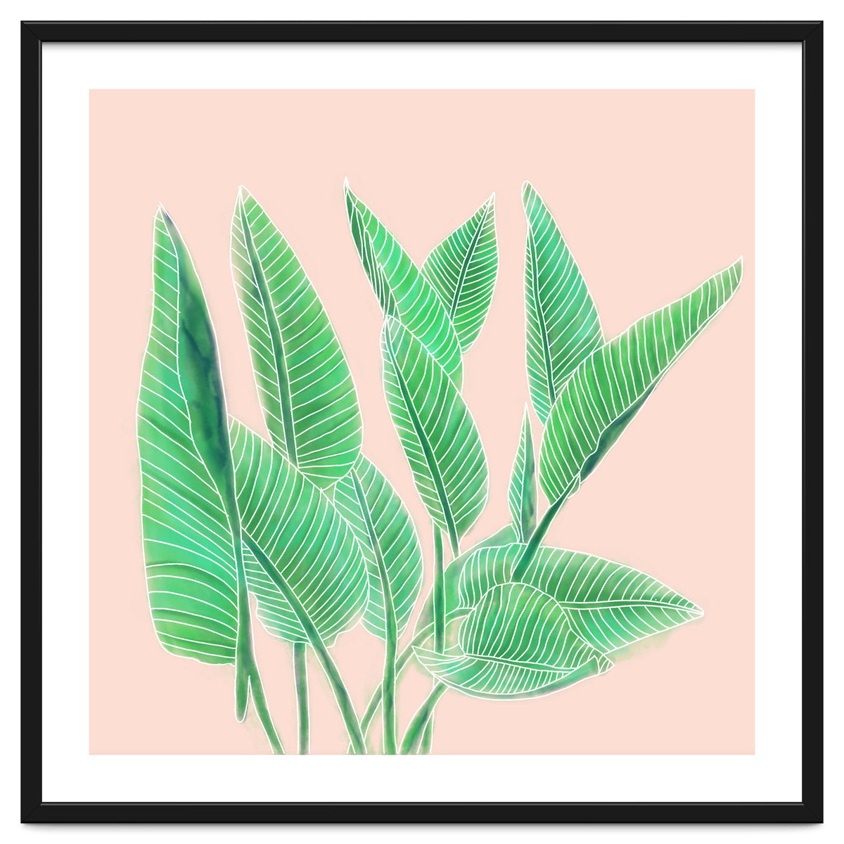 Modern Hand Painted Tropical Green Watercolor Leaf Bird Of Paradise On Pastel Pink