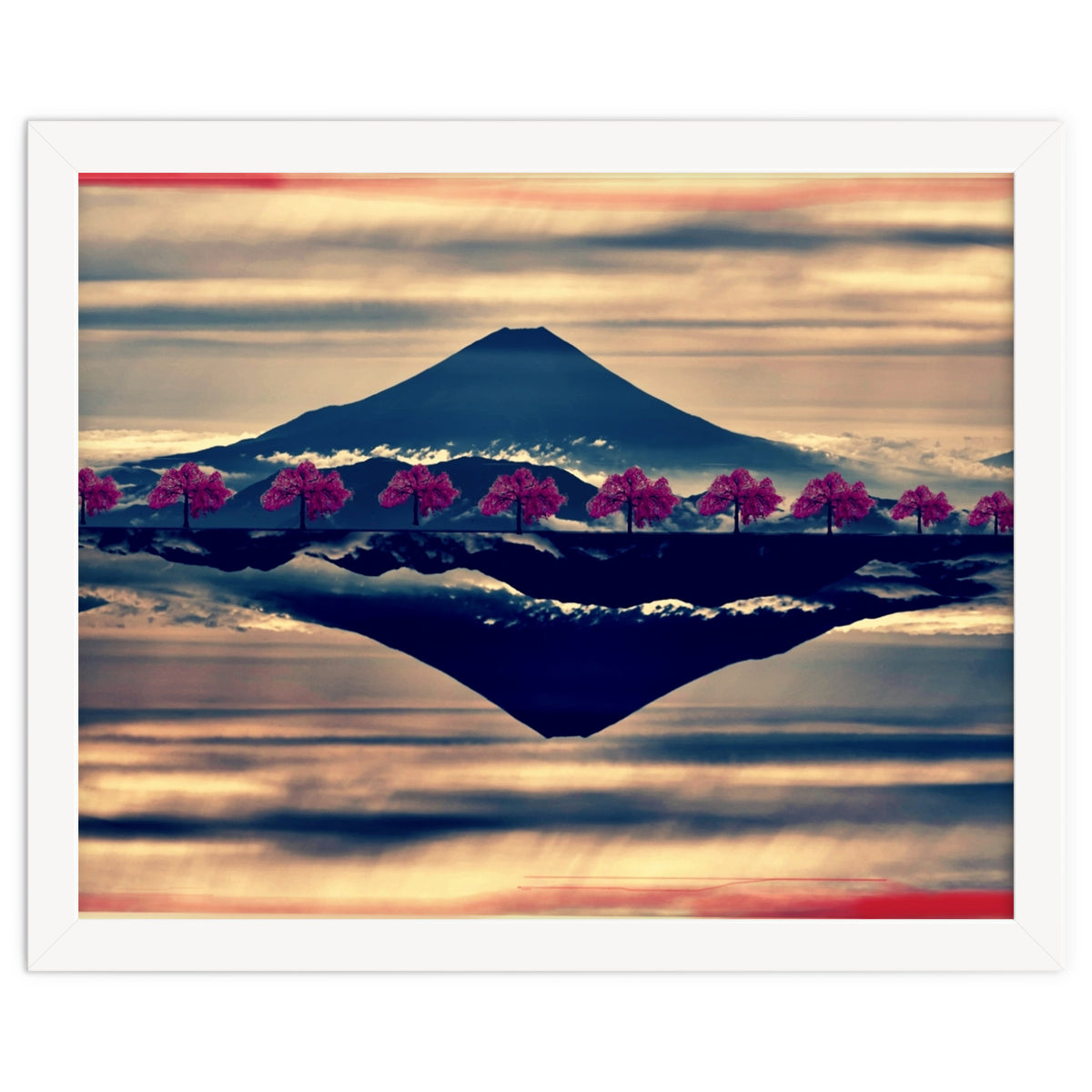 Reflection on Mount Fuji with cherry trees.