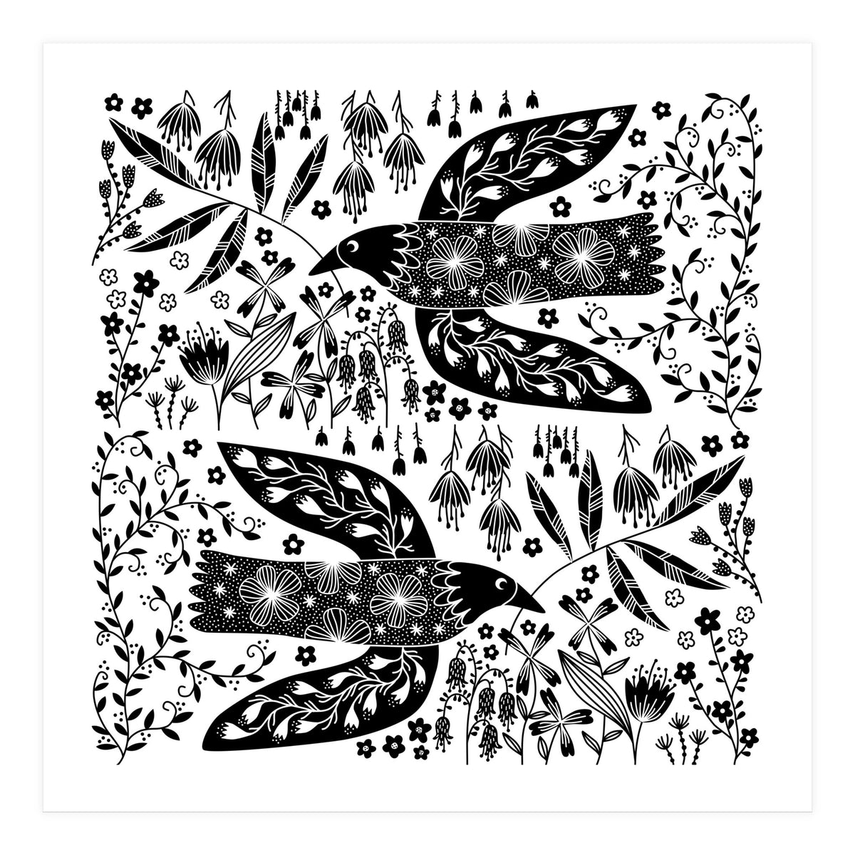 Doves And Flowers Black & White (Print Only)