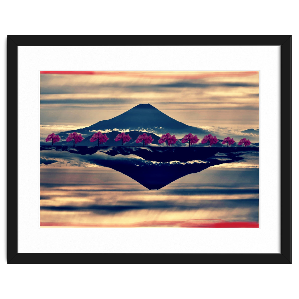 Reflection on Mount Fuji with cherry trees.