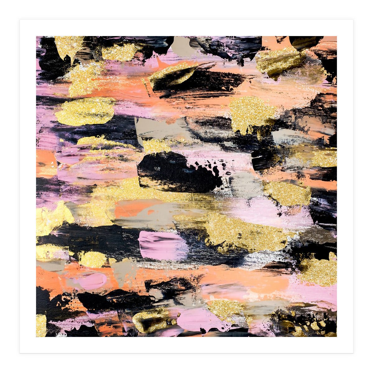 Modern Abstract Black Pink Salmon Gold Acrylic Brushstrokes Paint (Print Only)