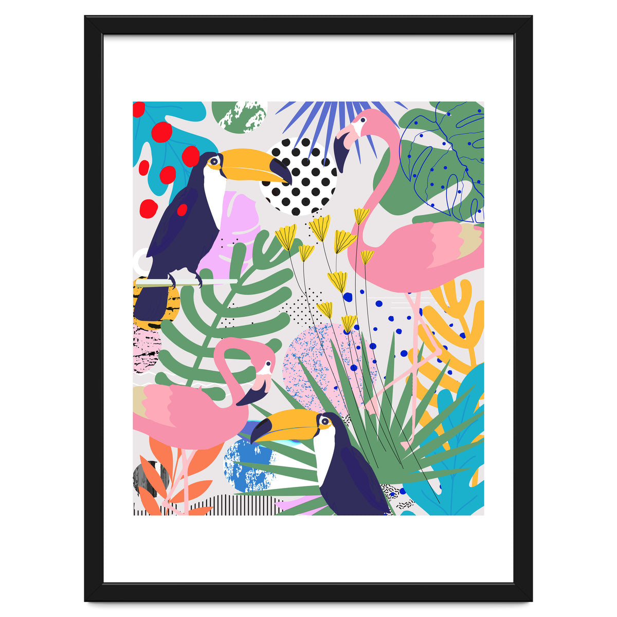 Tropical Spring | Pastel Quirky Modern Bohemian Jungle Botanical | Flamingo Palm Cockatoo Birds