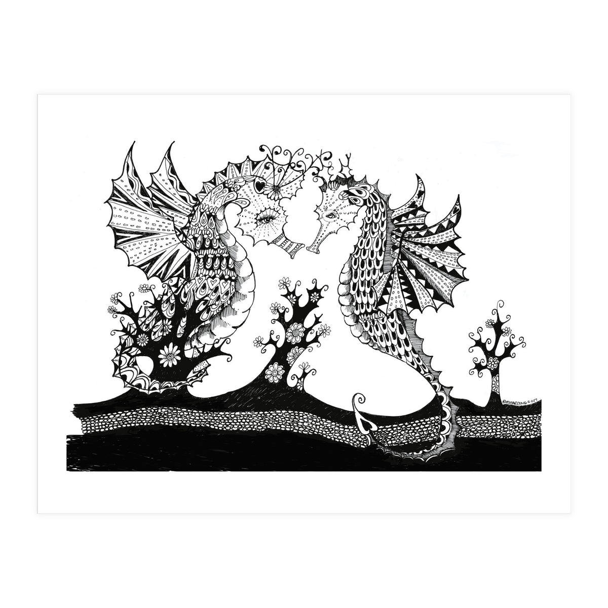 Seahorse Dragons Love Illustration (Print Only)