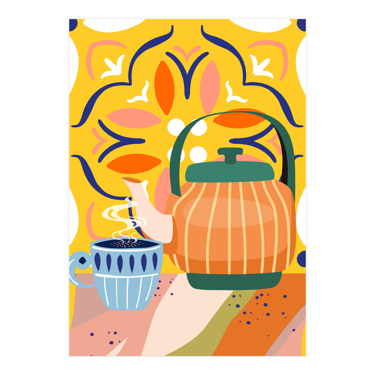 Pumpkin Spice Latte | Tea Chai Kettle & Cup | Modern Bohemian Colorful India | Eclectic Culture (Print Only)