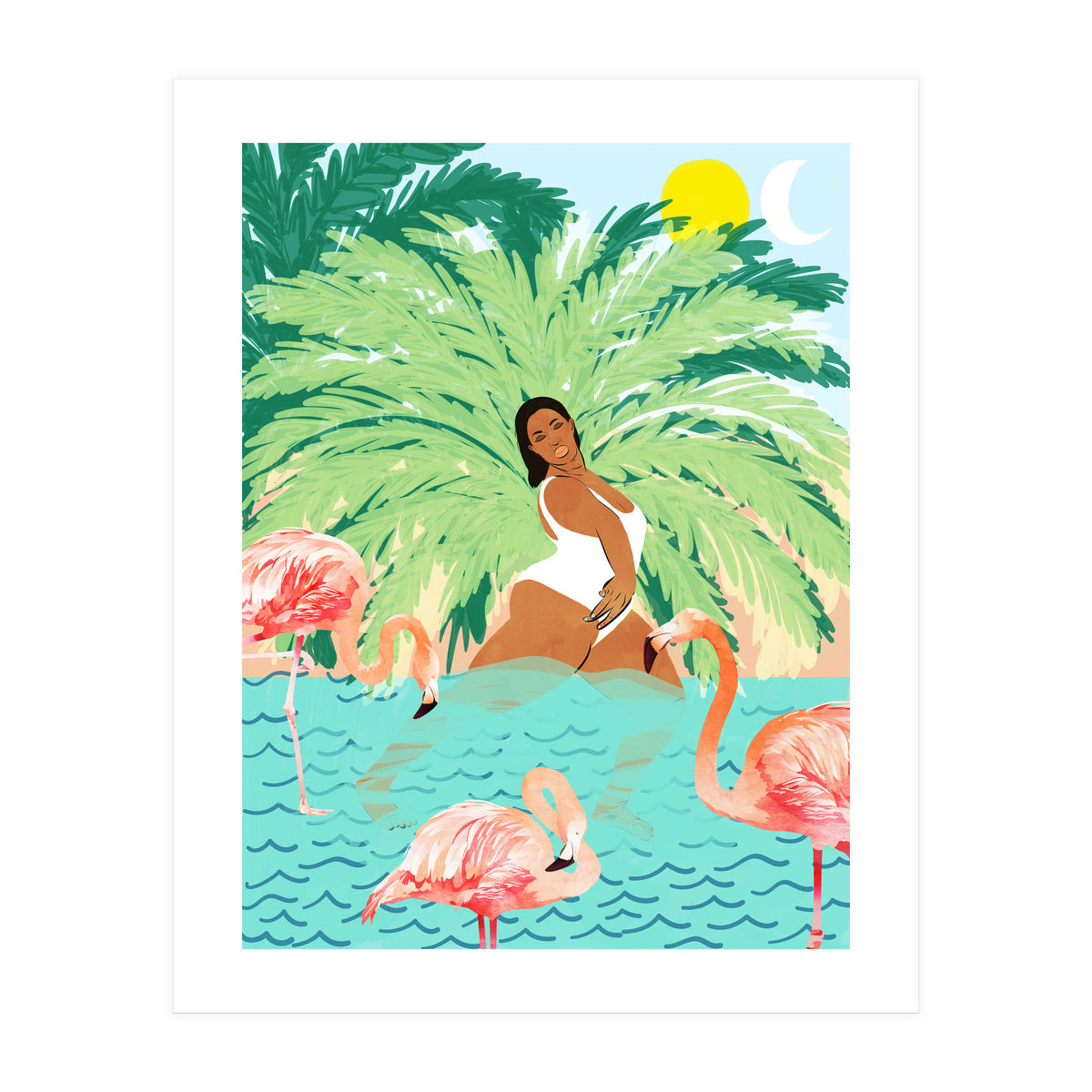 Tropical Summer Water Yoga with Palm & Flamingos | Woman of Color Black Woman Body Positivity (Print Only)