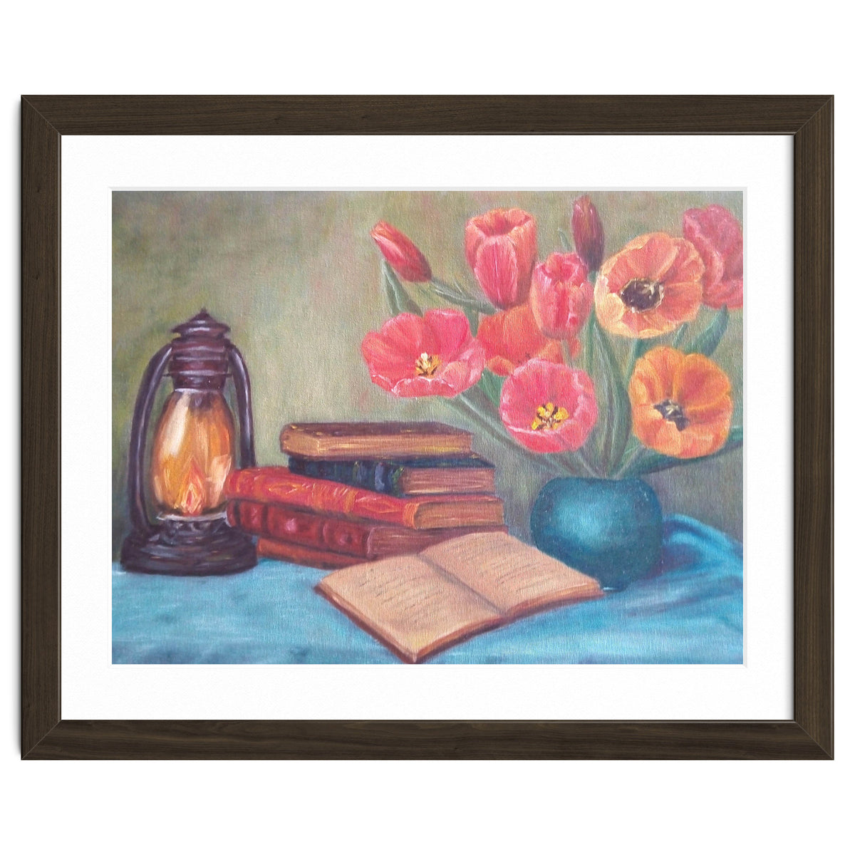 Still life with tulips, books and an old lamp.