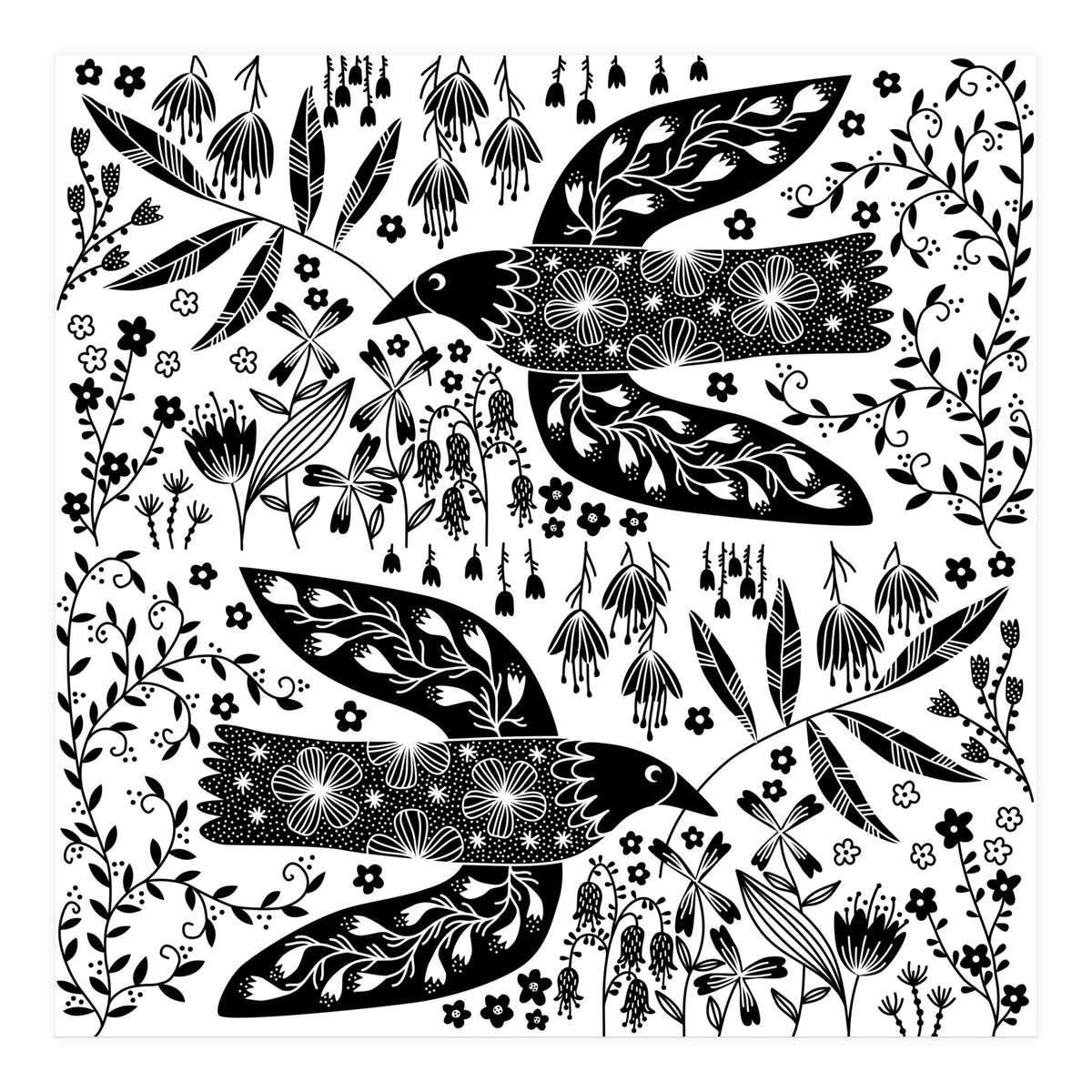 Doves And Flowers Black & White (Print Only)