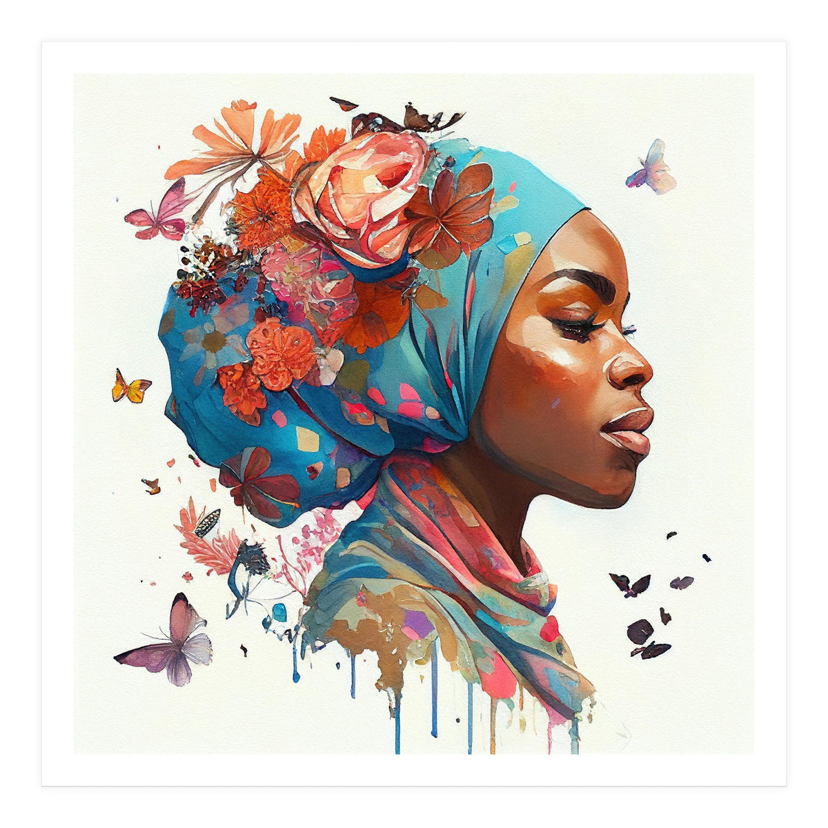 Watercolor Floral Muslim African Woman #2 (Print Only)