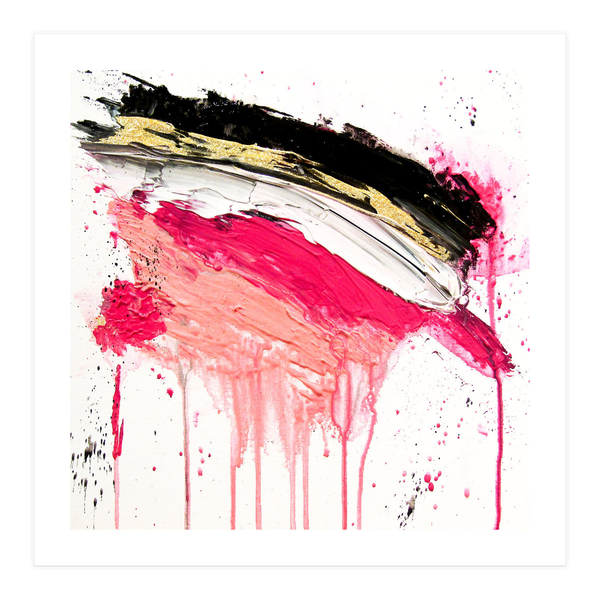 Modern Abstract Pink Black Gold Brushstrokes Splatters Acrylic (Print Only)