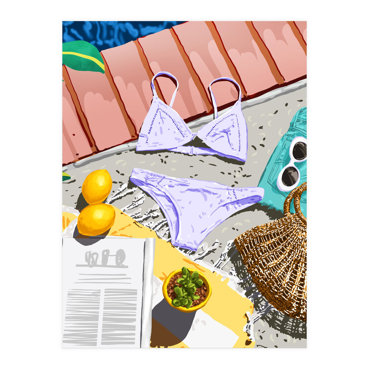 Summer on my mind, Tropical Travel Swimming Pool Fashion Illustration, Eclectic Beachy Summer Bikini (Print Only)