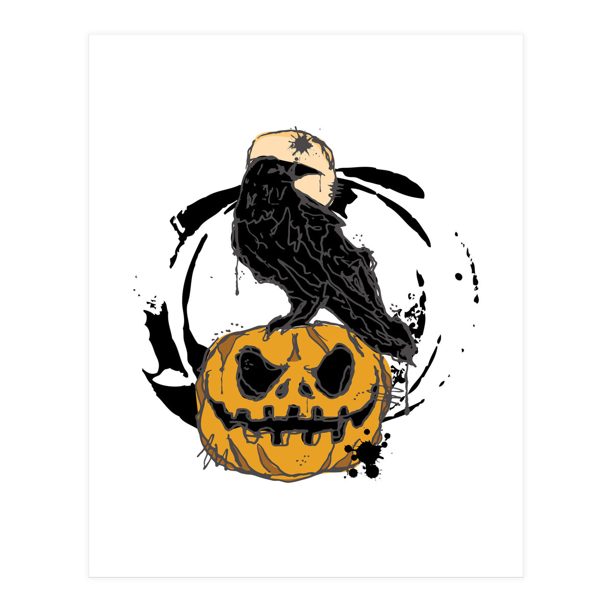 Raven over a pumpkin scribble sketch (Print Only)