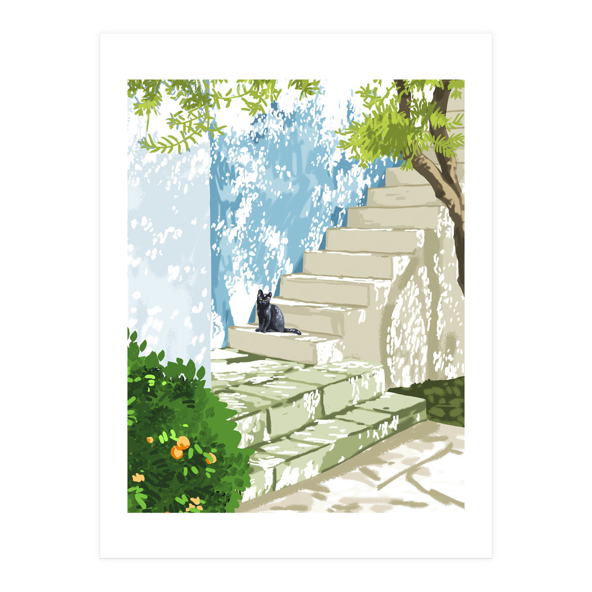 Black cat on the steps Poster, Greece Santorini summer travel pet painting (Print Only)