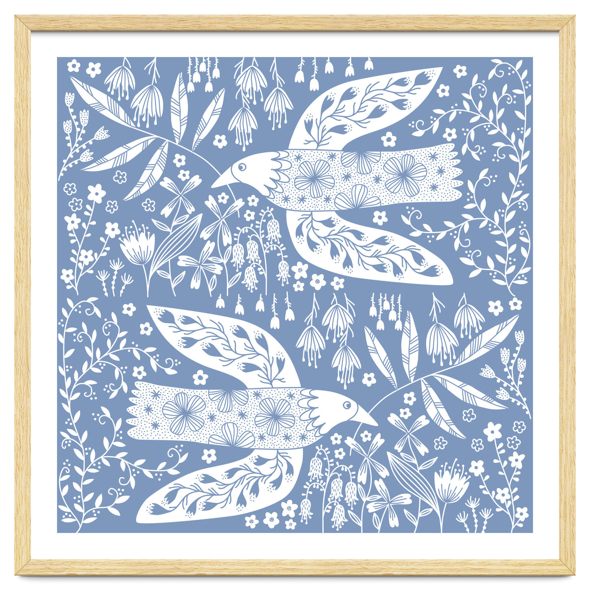 Doves And Flowers White On Blue