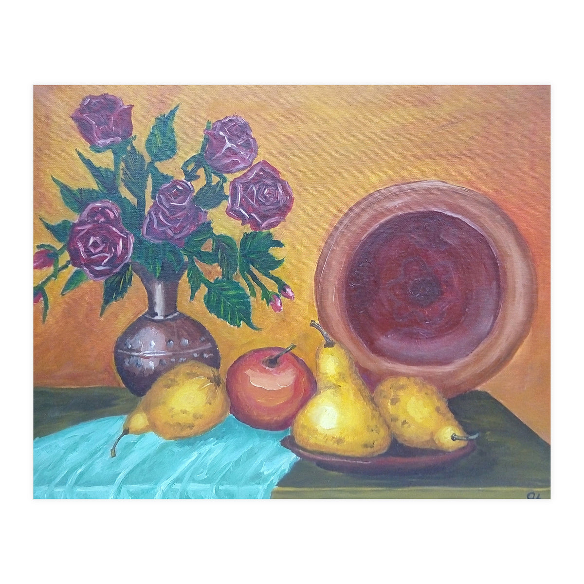 Still life with pears, roses and a dish. (Print Only)