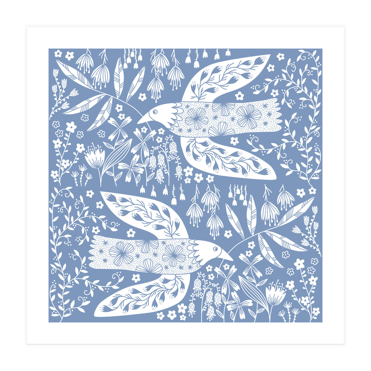Doves And Flowers White On Blue (Print Only)