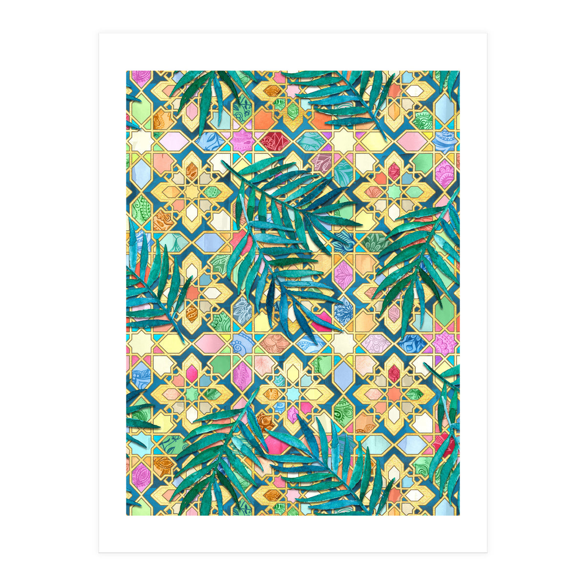 Gilded Moroccan Mosaic Tiles with Palm Leaves  (Print Only)