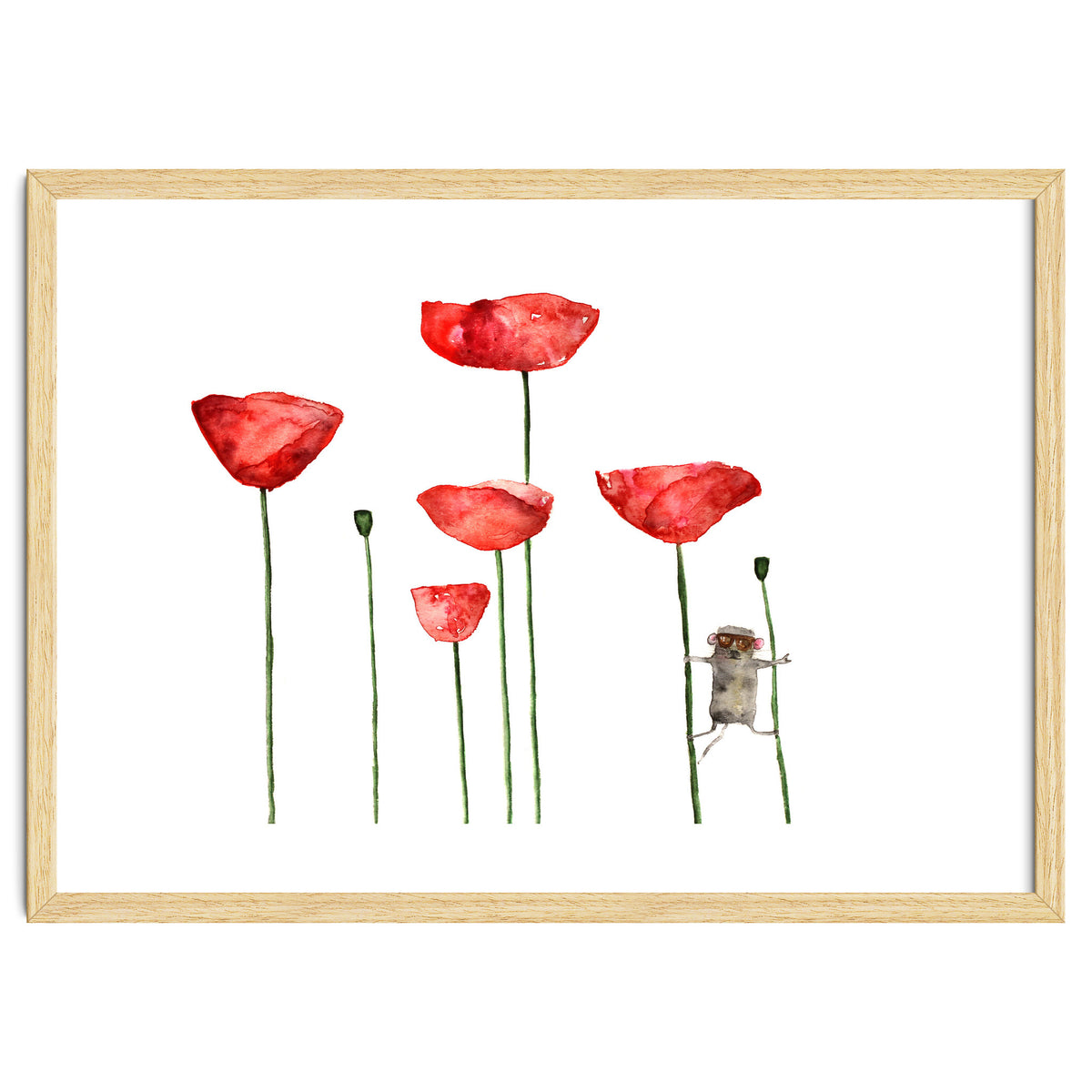 Little mouse loves big poppies || watercolor for nursery