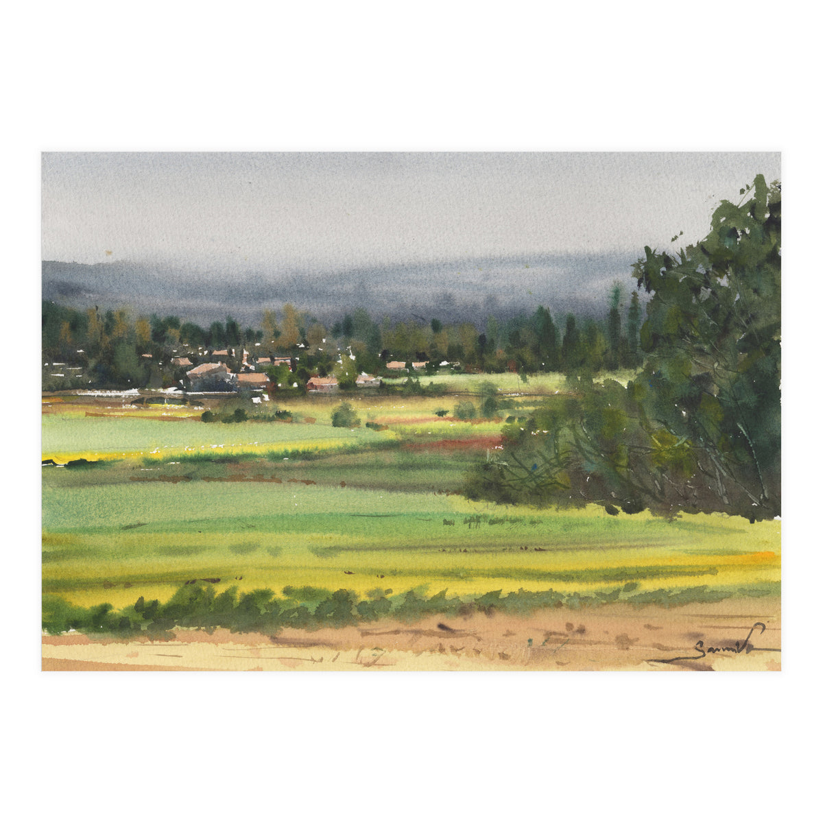 Sunny Landscape Painting Watercolor (Print Only)