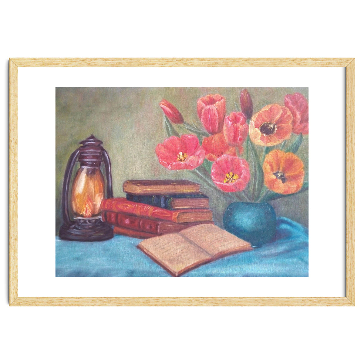 Still life with tulips, books and an old lamp.