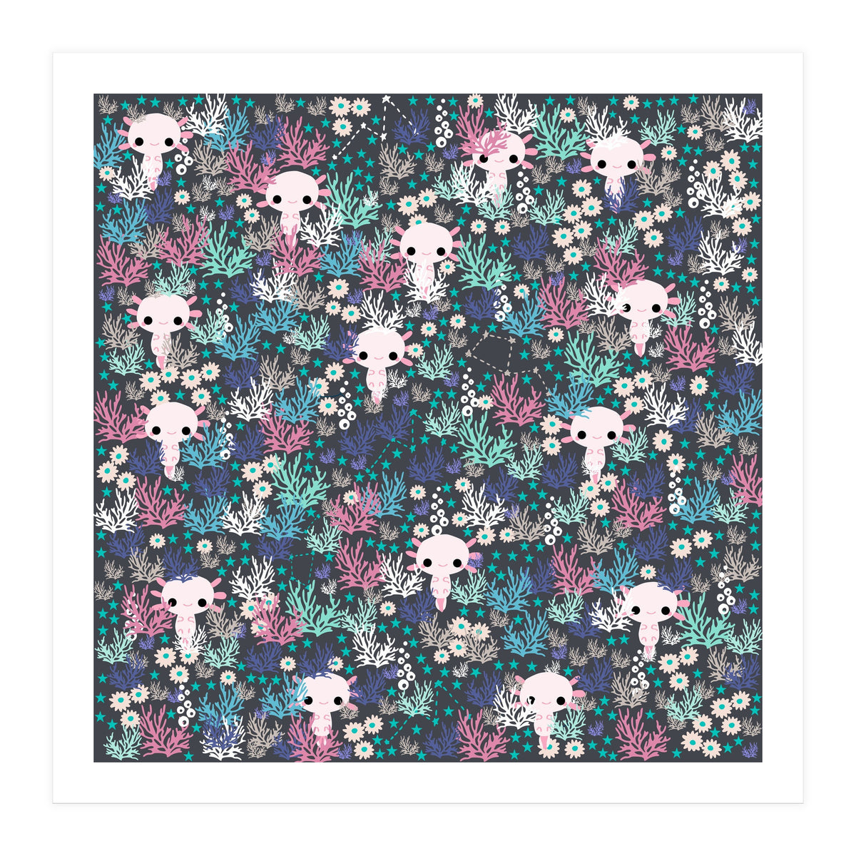 Cute underwater axolotl pattern with coral (Print Only)