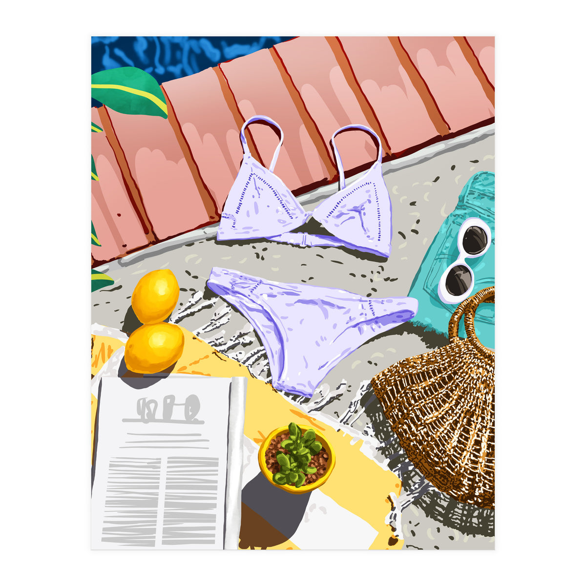 Summer on my mind, Tropical Travel Swimming Pool Fashion Illustration, Eclectic Beachy Summer Bikini (Print Only)