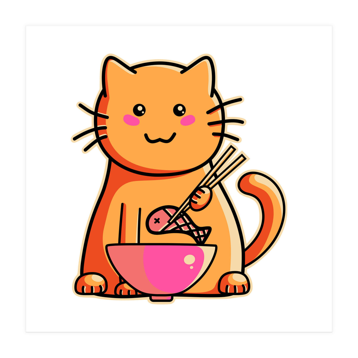 A Cat's Favourite Meal - kawaii cat eating fish with chopsticks (Print Only)