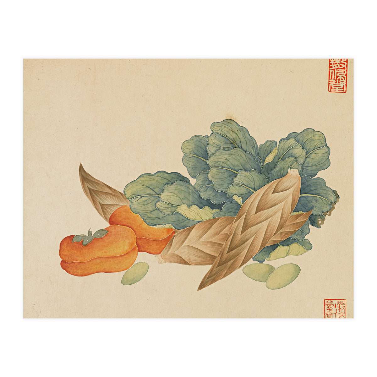 Wang Chengyu~flowers And Vegetables, Vegetables, Fruits, Chinese Cabbage, Lentils, Bamboo Shoots, Persimmons (Print Only)