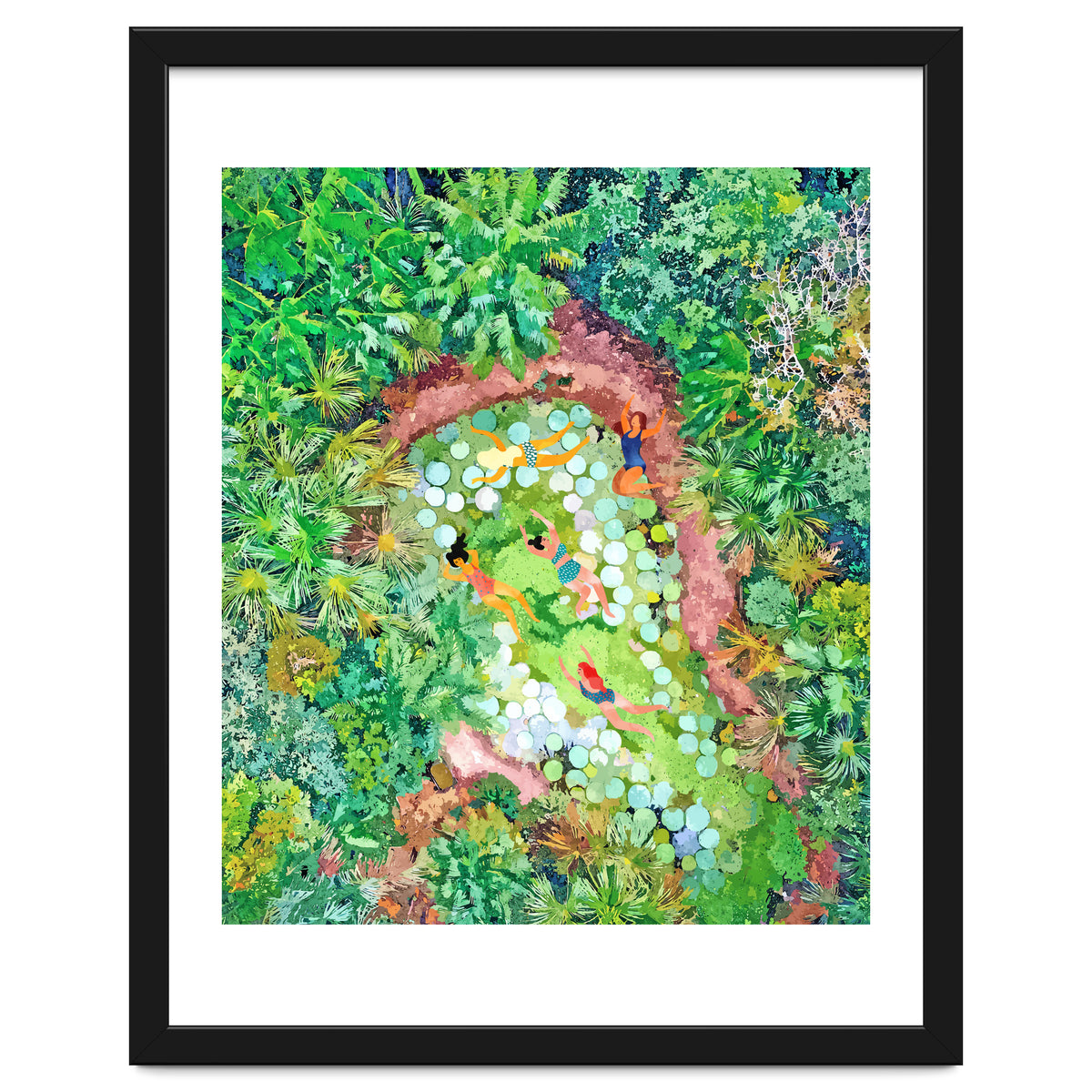 Tropical Vacay | Rainforest Jungle Botanical Lush Nature | Summer Lake People Swim | Boho Painting
