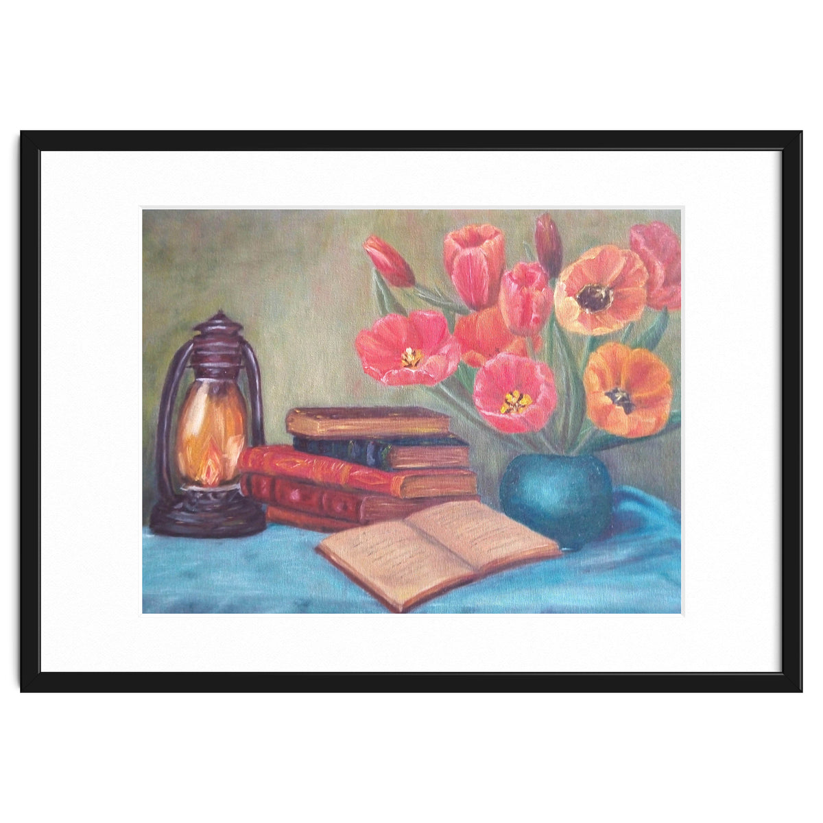 Still life with tulips, books and an old lamp.