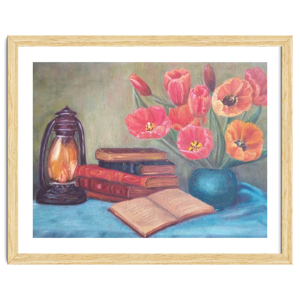 Still life with tulips, books and an old lamp.