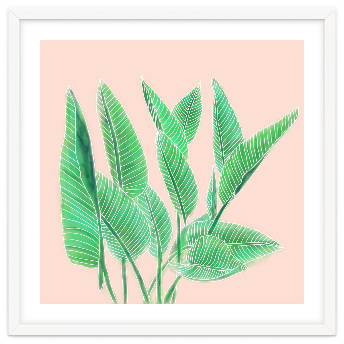 Modern Hand Painted Tropical Green Watercolor Leaf Bird Of Paradise On Pastel Pink