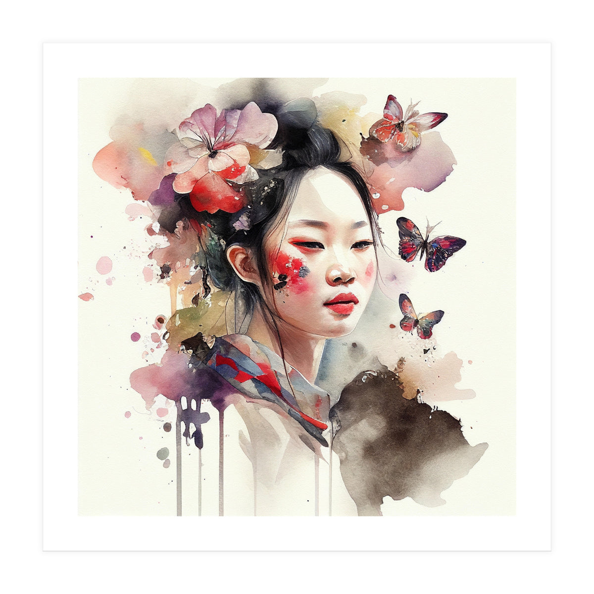 Watercolor Floral Asian Woman #2 (Print Only)