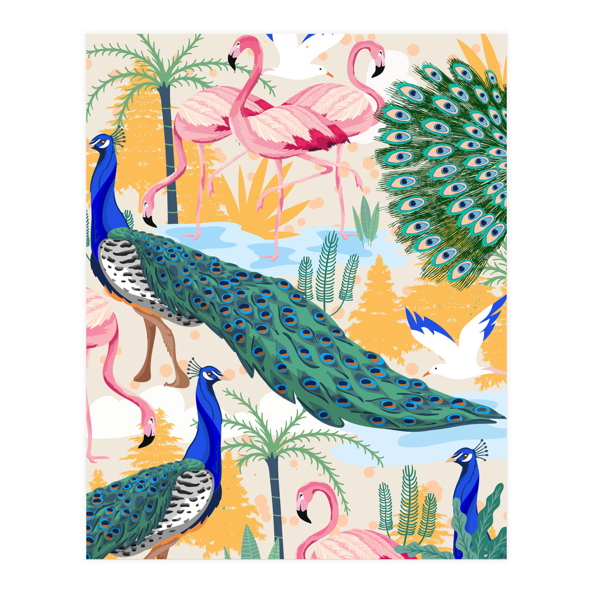 Utopia, Tropical Wildlife Animals, Flamingo Peacock Seagull Vintage Botanical Palm (Print Only)