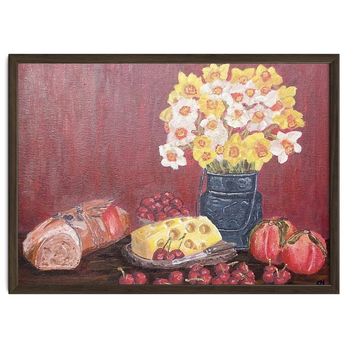 Still life with cheese, daffodils on a red background.