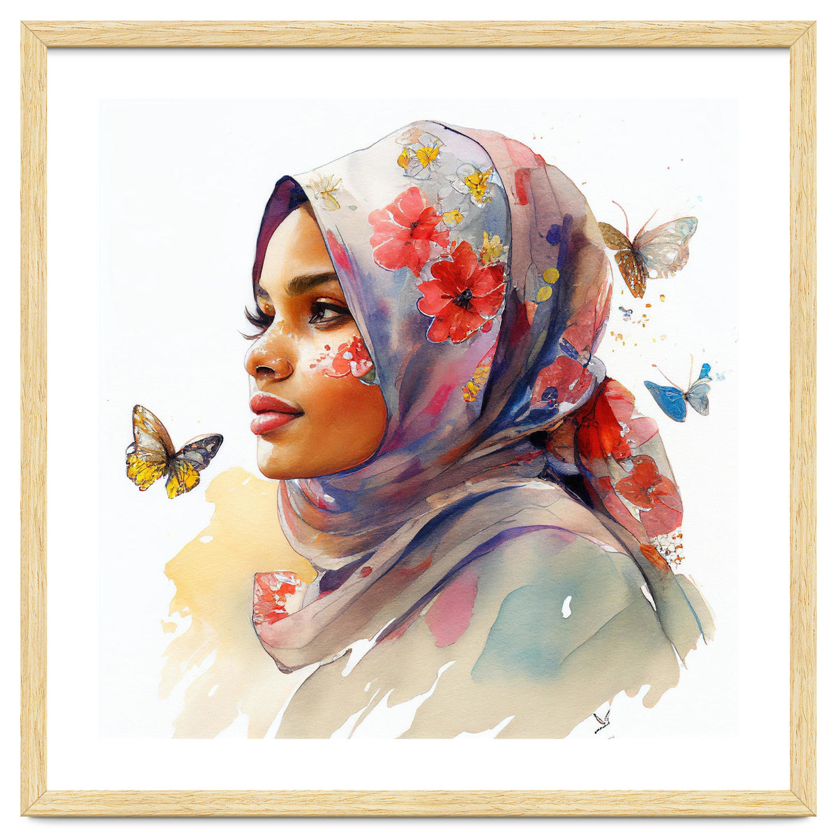 Watercolor Floral Muslim Arabian Woman #1