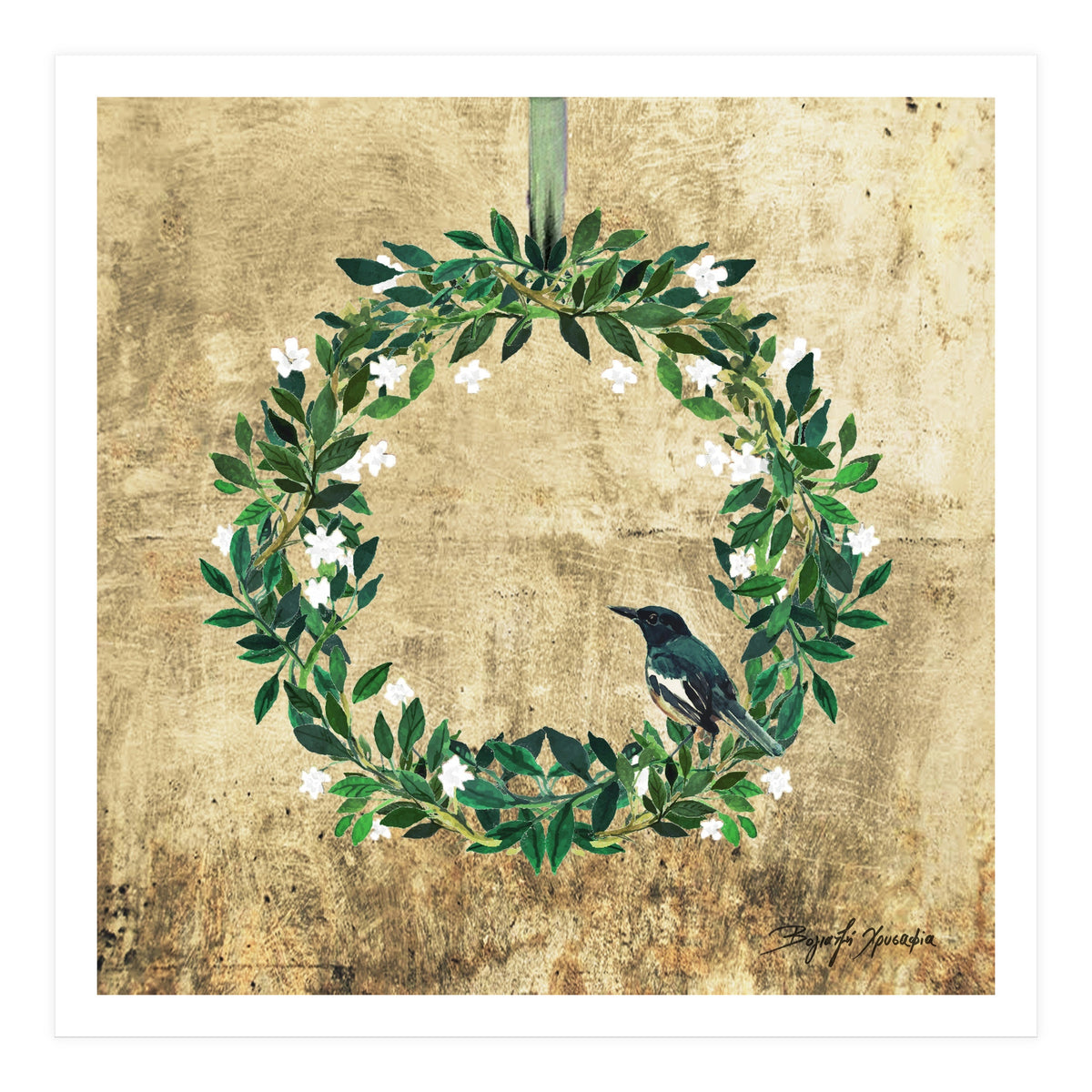 Wreath #White Flowers & Bird #Royal collection (Print Only)