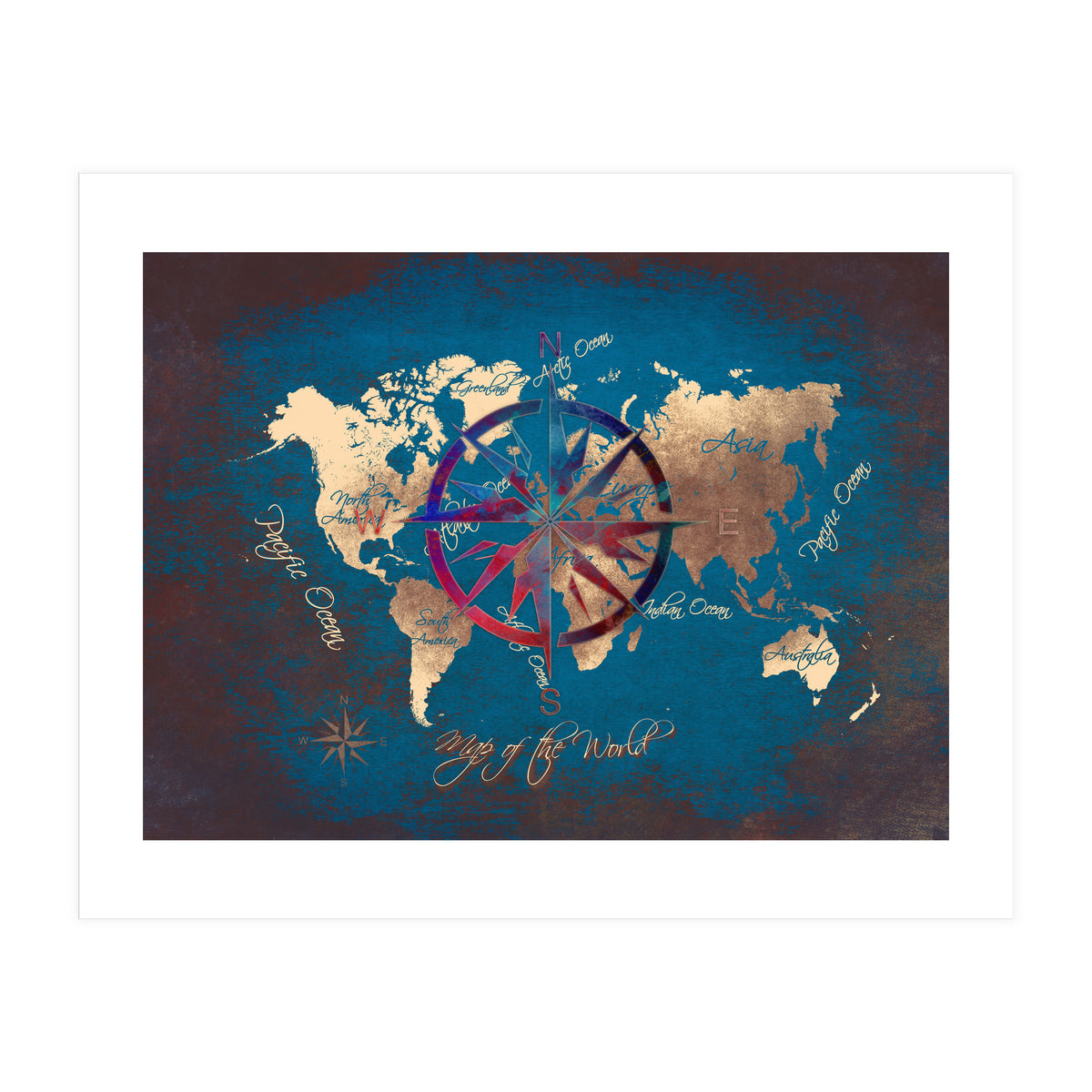 World Map Wind Rose blue (Print Only)