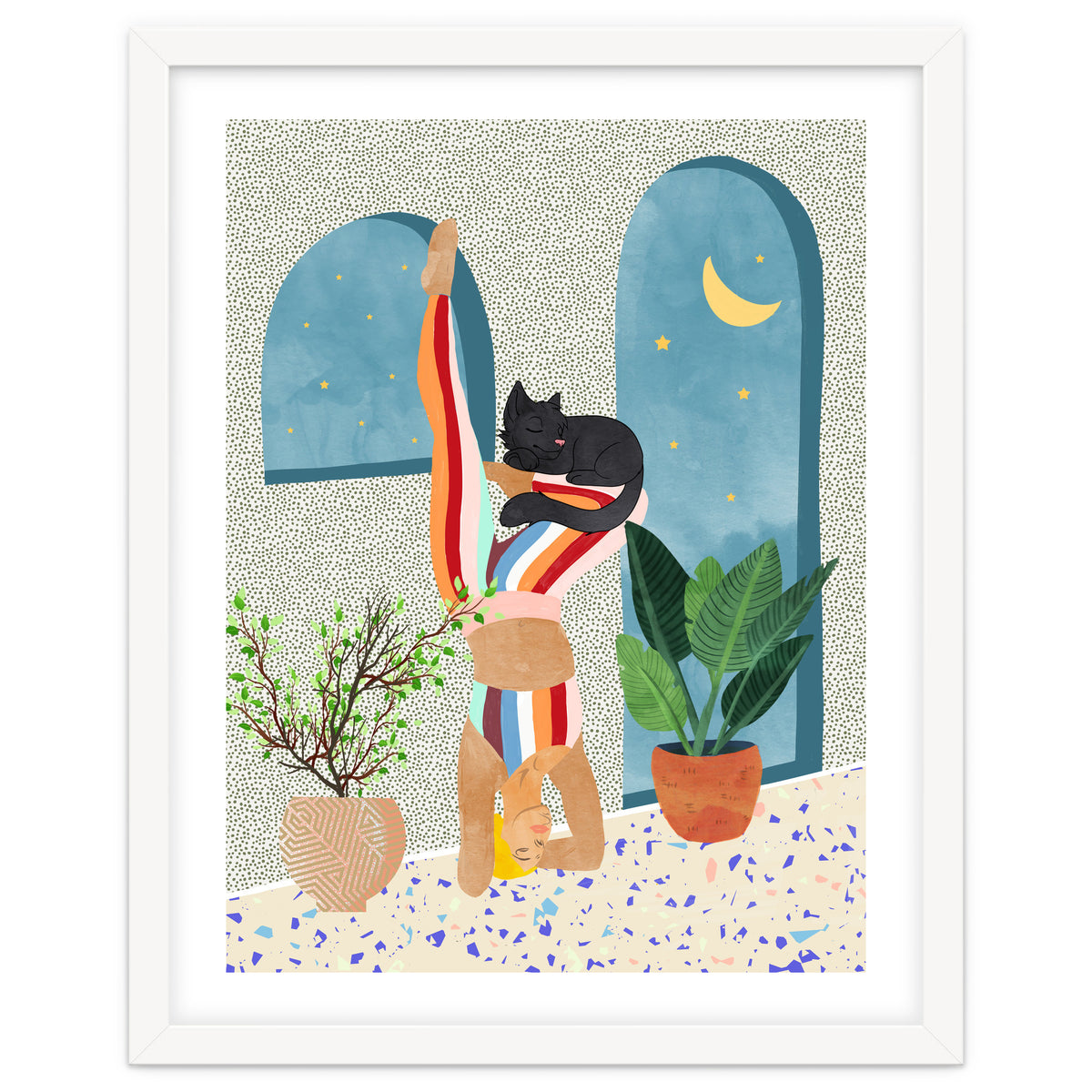 Headstand, Cat Yoga, Active Woman Workout, Eclectic Colorful Pets Terrazzo