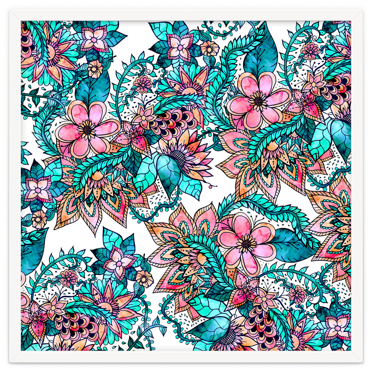 Boho turquoise pink floral watercolor illustration