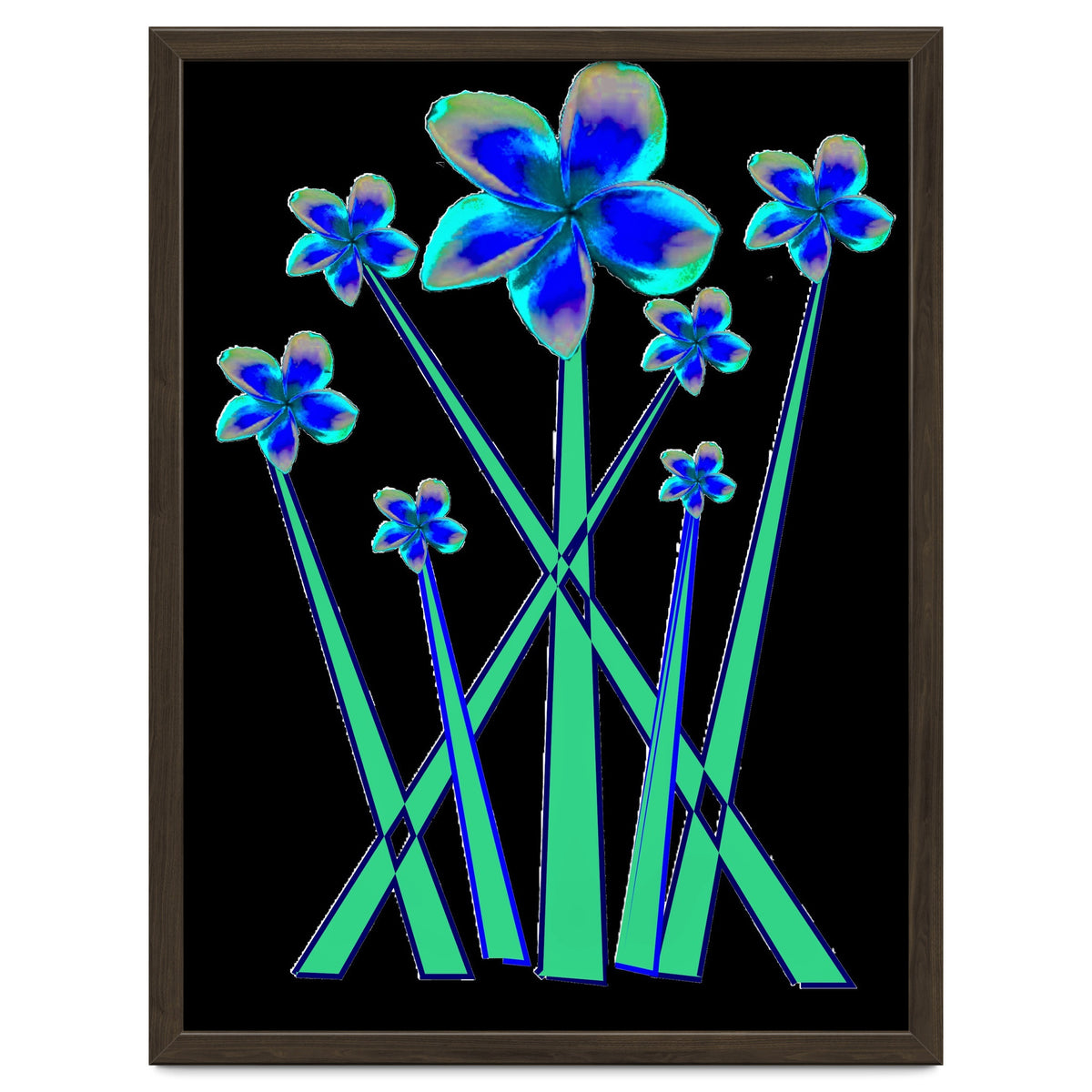 Blue flowers on black.