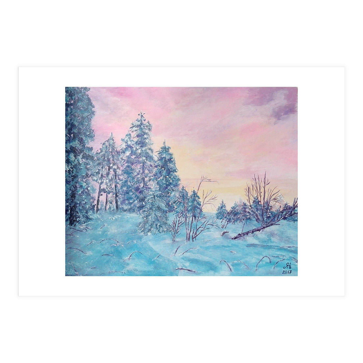 Pink sunrise in the winter forest (Print Only)