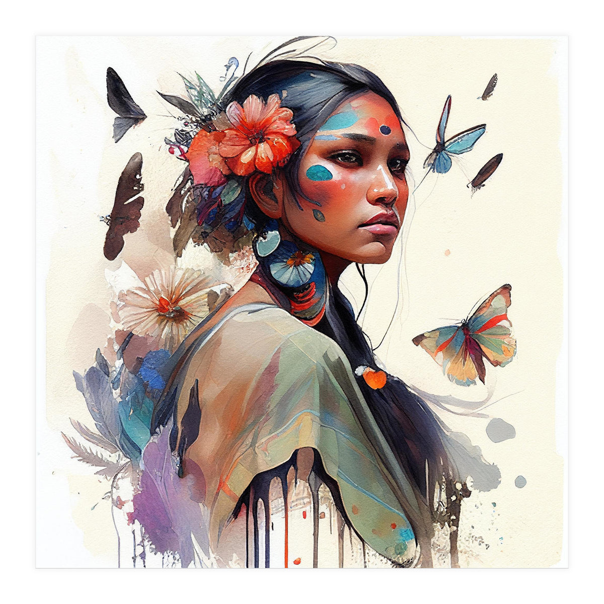 Watercolor Floral Indian Native Woman #3 (Print Only)