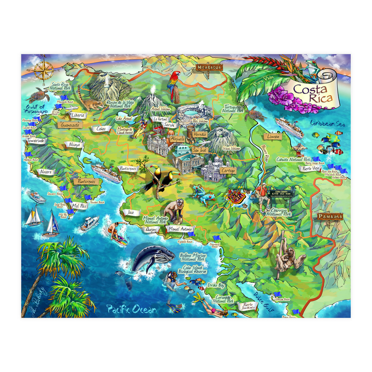 Costa Rica Map Illustration (Print Only)