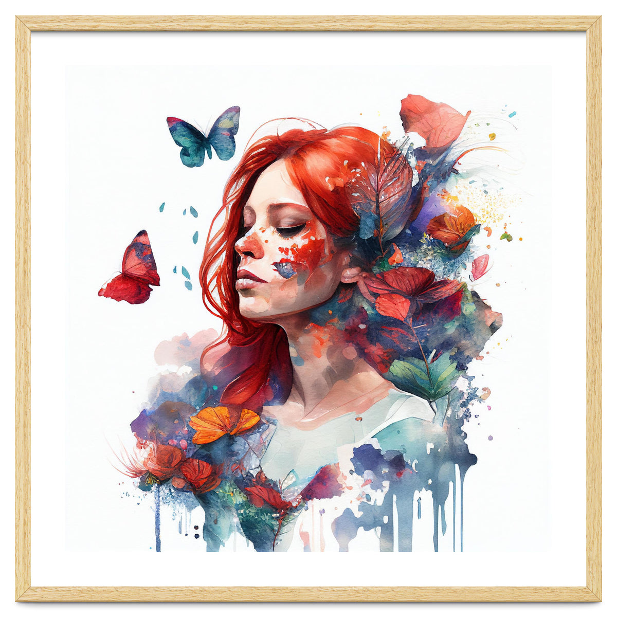 Watercolor Floral Red Hair Woman #2