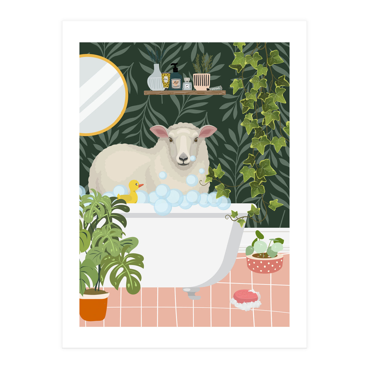 Sheep in Botanical Bathroom (Print Only)
